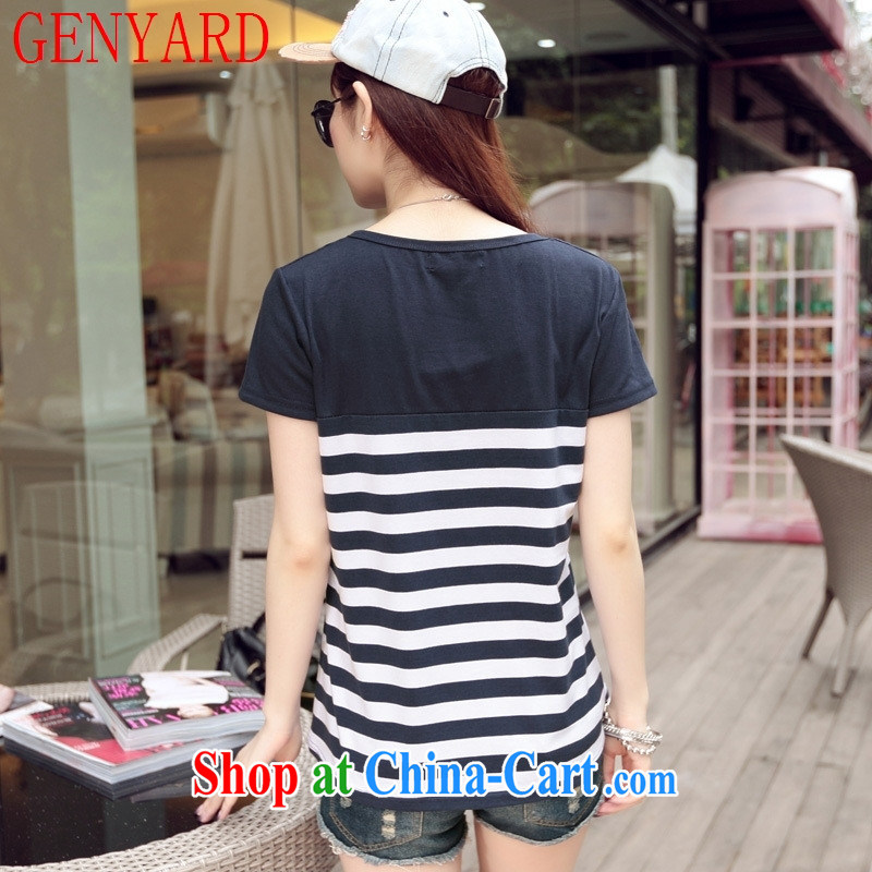 Qin Qing store 2015 Korean summer new female cotton striped stitching round-collar short-sleeve shirt T dark blue XL, GENYARD, shopping on the Internet