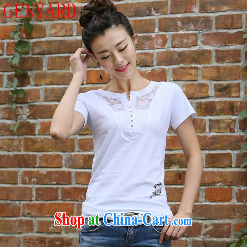 Qin Qing store 2015 new summer Korean female short-sleeve V for wood drilling T pension female beauty large white, embroidered T pension white 2XL, GENYARD, shopping on the Internet