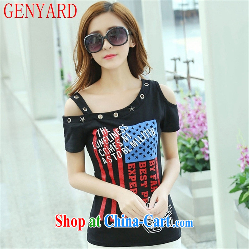 Qin Qing store 2015 summer new stylish stamp rivet the shoulder your shoulders decorated women seen wearing short-sleeved shirts T black L, GENYARD, shopping on the Internet