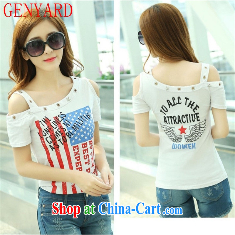Qin Qing store 2015 summer new stylish stamp rivet the shoulder your shoulders decorated women seen wearing short-sleeved shirts T black L, GENYARD, shopping on the Internet