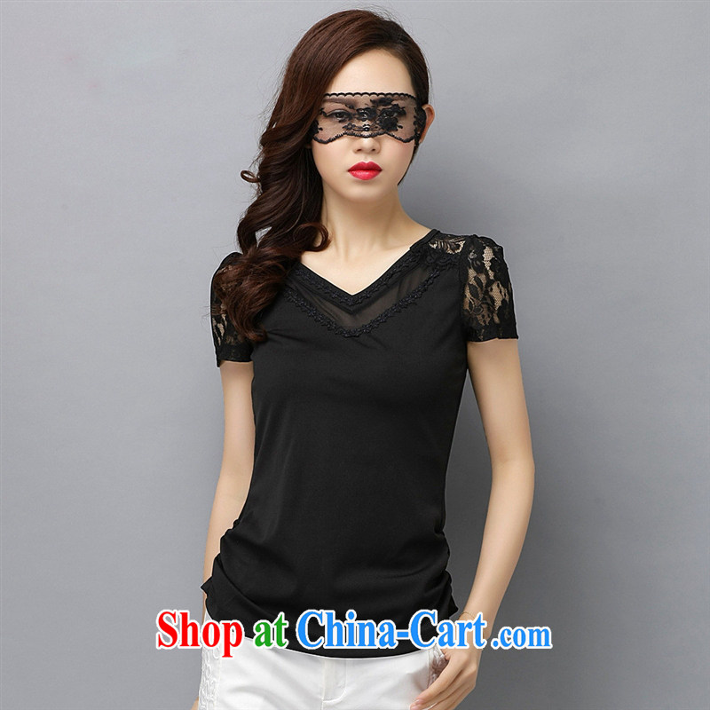 Ya-ting store summer 2015 women new Korean girls T-shirts girls T-shirt with short sleeves, breathable lace solid black T-shirt XXL, blue rain bow, and shopping on the Internet