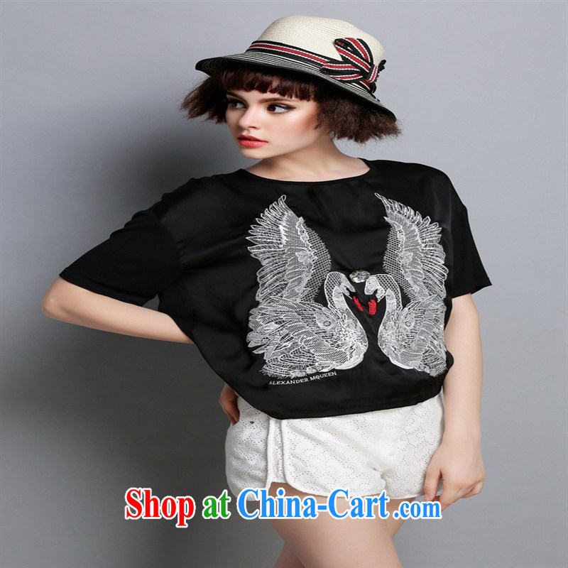 Ya-ting store the European site women summer 2015 new Europe and modern embroidery silk T shirts, T-shirts T Map Color XL, blue rain bow, and, shopping on the Internet