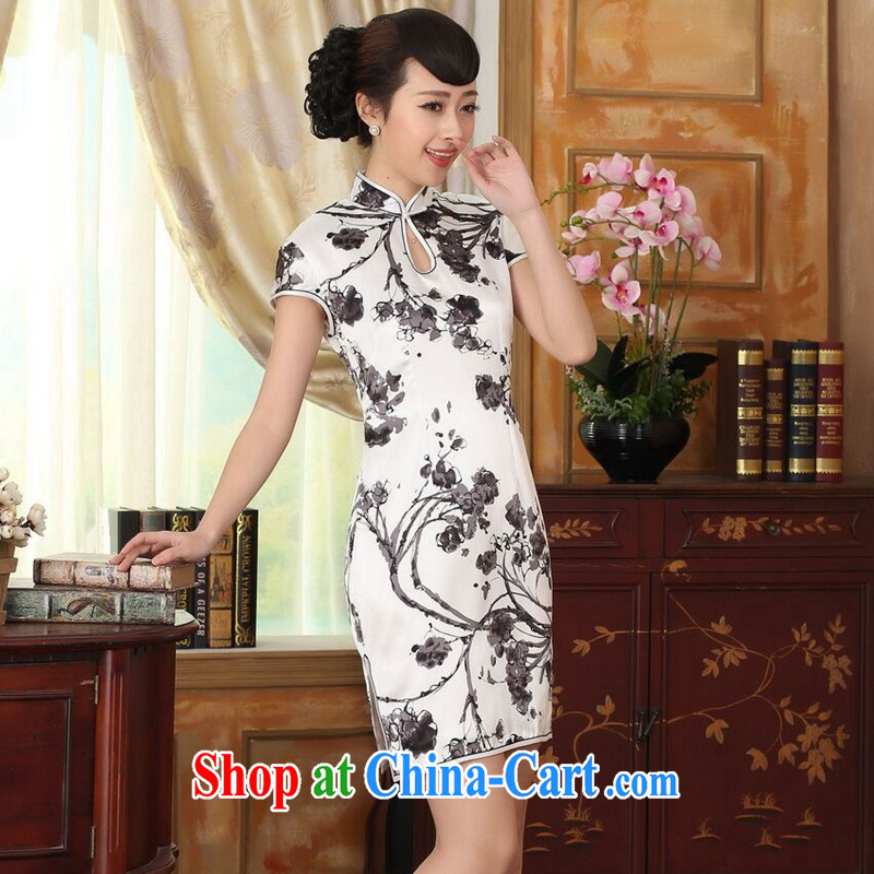 Find Sophie summer heavy silk retro classic sauna silk improved poster ink stretch Satin beauty double short cheongsam as color 2 XL, flexible employment, shopping on the Internet