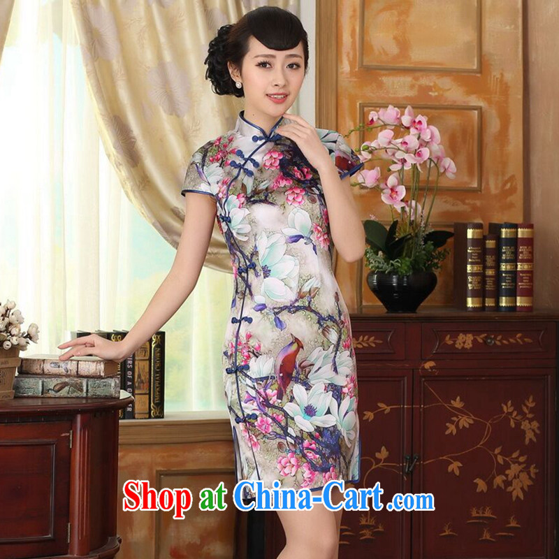 Find Sophie summer heavy Silk Cheongsam poster stretch Satin improved sauna silk tulip elegant banquet short cheongsam tulip 2 XL, flexible employment, shopping on the Internet