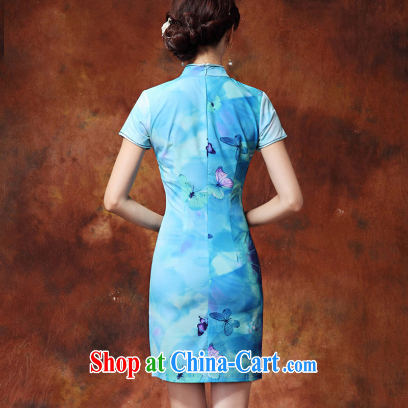 The stream qipao Chinese Ethnic Wind low stylish improved cheongsam, long, and Ms. short-sleeved solid JT outfit #918 blue XL, the stream (OULIU), online shopping