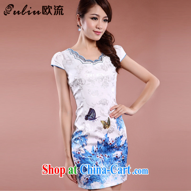 The current Chinese qipao elegant qipao, long no's style improved cheongsam JT 915 Blue on white flower XXL
