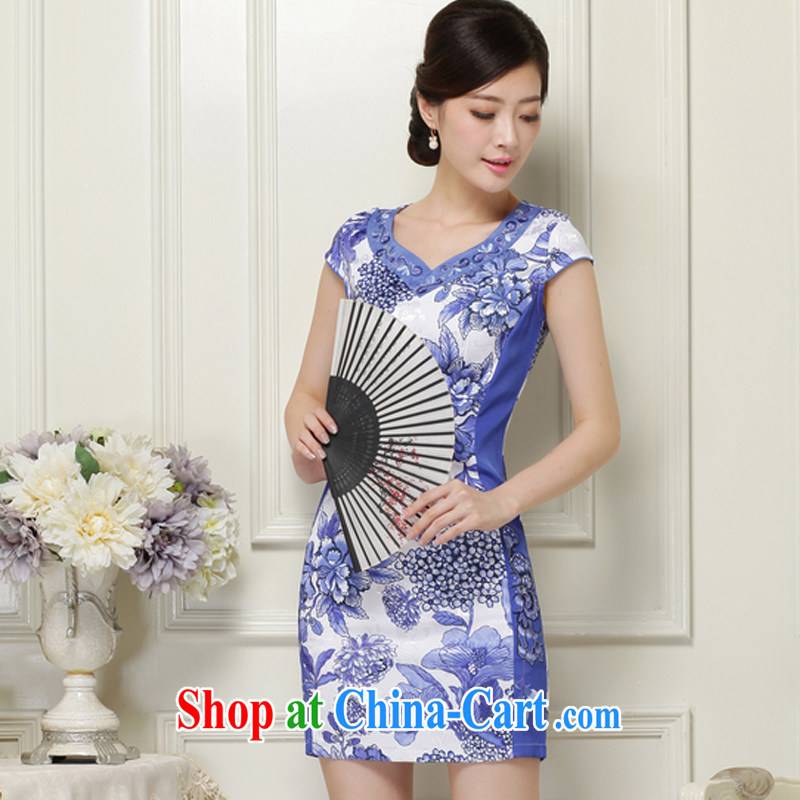 The class 2015 summer, female elegant and classy and stylish stamp short-sleeved qipao JT 1038 blue XXL, the stream (OULIU), shopping on the Internet