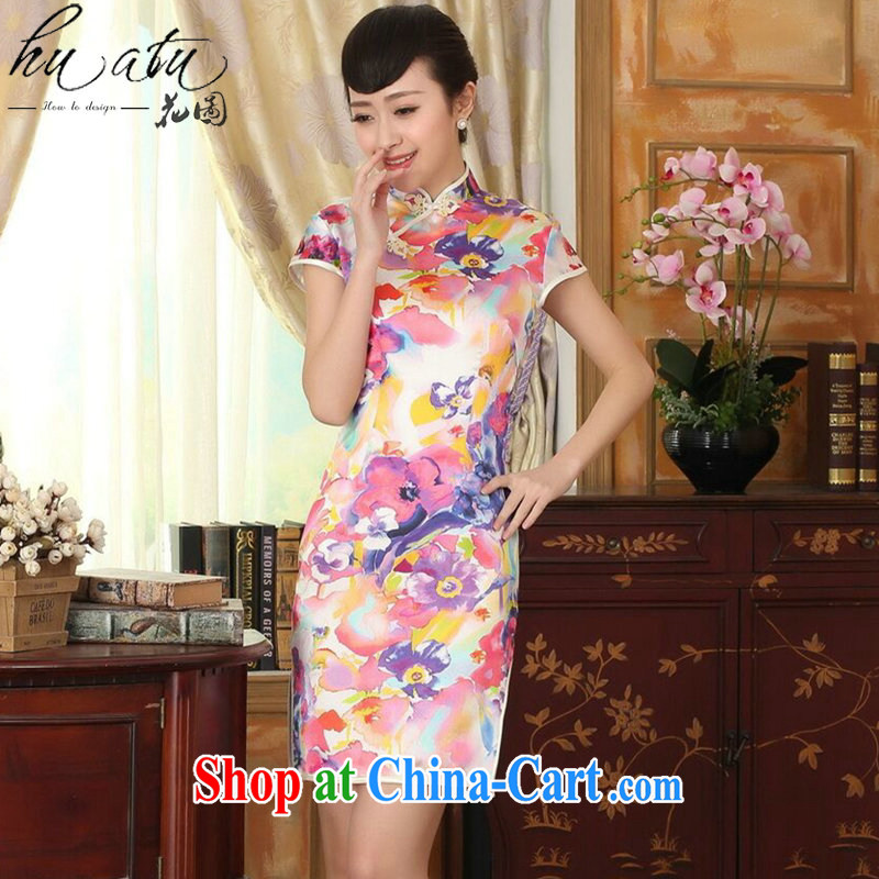 Take the heavy silk summer retro classic, DOS SANTOS for silk painting stretch the improved double-decker short cheongsam 7 color 2 XL, spend, and shopping on the Internet