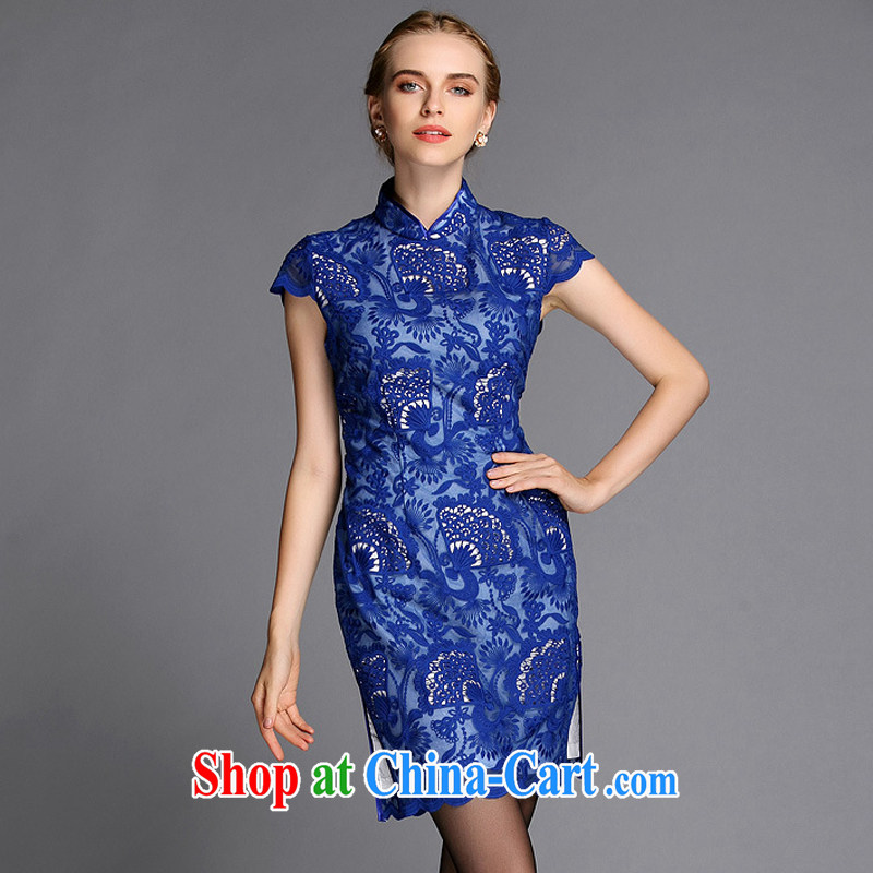 euro-class, high-end Openwork embroidery improved stylish big beauty cheongsam dress XWG 140,301 blue XXXL, the stream (OULIU), shopping on the Internet