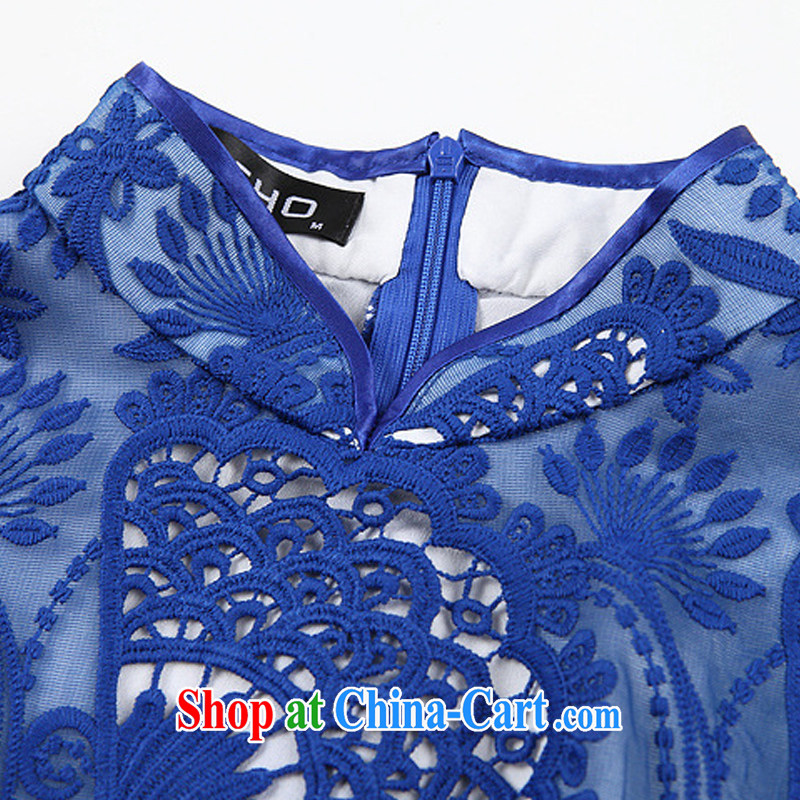euro-class, high-end Openwork embroidery improved stylish big beauty cheongsam dress XWG 140,301 blue XXXL, the stream (OULIU), shopping on the Internet