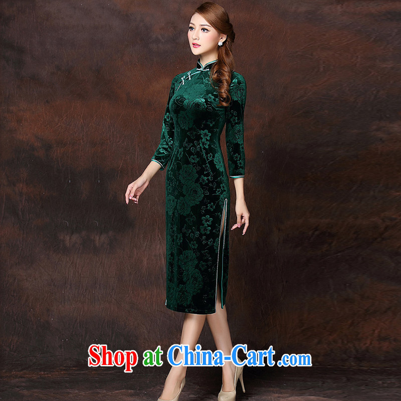 The improved flow and Stylish retro embossed 7 cuff wool long cheongsam XWG 141,008 green XXXL, the stream (OULIU), shopping on the Internet