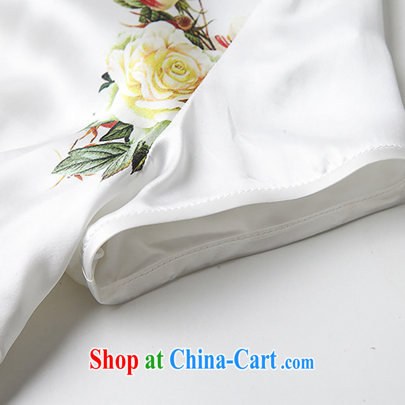 The improved flow and stylish silk stamp short cheongsam dress XWG 150,368 white XL, the stream (OULIU), shopping on the Internet