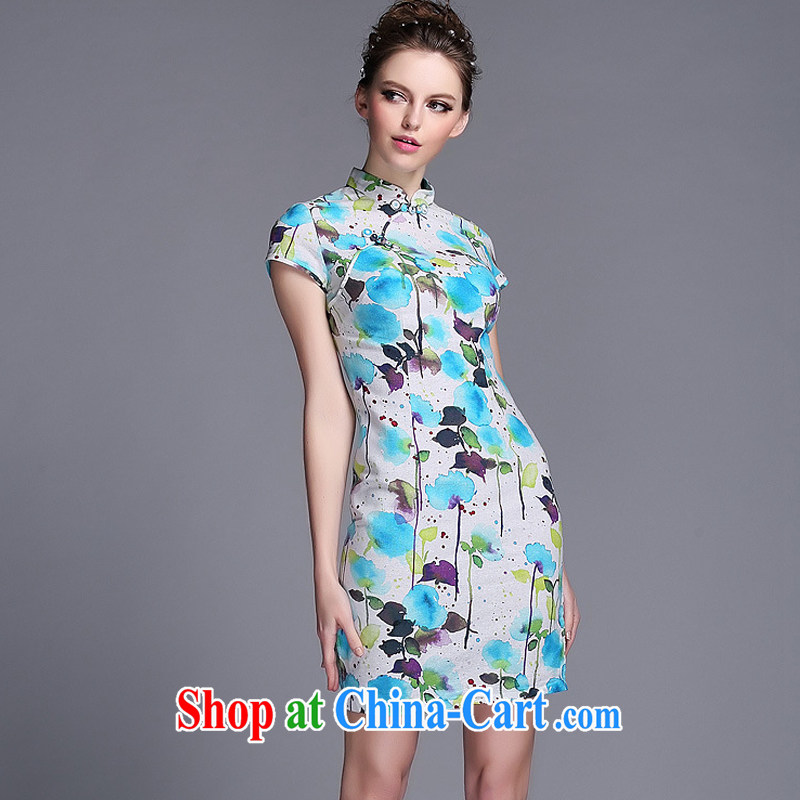 The stream linen water and ink stamp-Korea Lao wind short cheongsam XWG 140,531 Map Color XXL, the stream (OULIU), and, on-line shopping