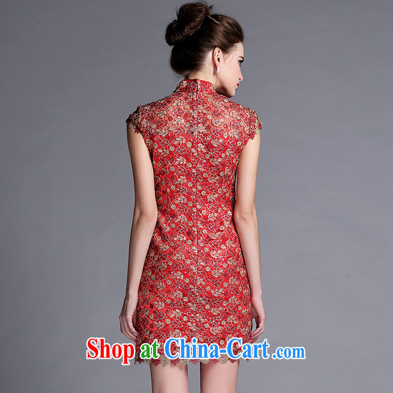 The flow improved marriage bows and stylish dress lady beauty sleeveless short cheongsam dress XWG 140,501 red XXL, the stream (OULIU), online shopping