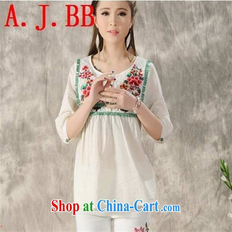 Black butterfly YK 9601 2015 spring and summer new blouses original ethnic wind embroidered round neck, cuff T shirts female white XXL, A . J . BB, shopping on the Internet