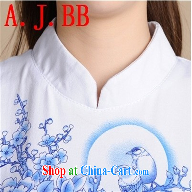 Black butterfly XD 5913 2015 summer new ethnic wind blouses, for blue and white porcelain stamp duty cotton T shirt short-sleeved female white XXL, A . J . BB, shopping on the Internet