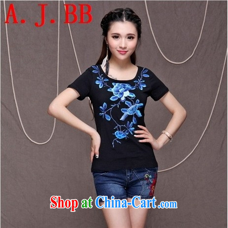 Black butterfly YK 9413 summer 2015 Chinese National wind women exquisite embroidered beauty graphics thin round-collar short-sleeve shirt T female black XXL, A . J . BB, shopping on the Internet