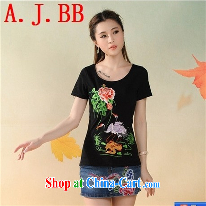 Black butterfly YK 9633 summer 2015 New National wind women solid T-shirt and embroidery the code round-collar short-sleeve shirt T white XXXXL, A . J . BB, shopping on the Internet