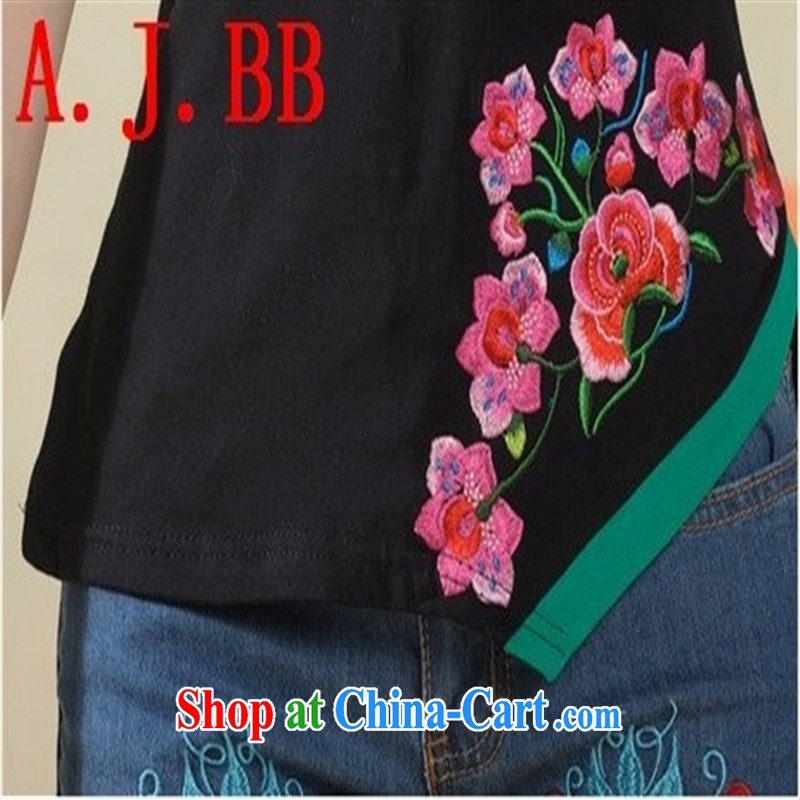 Black butterfly E 9208 summer 2015 new female ethnic wind T-shirt V collar embroidered short sleeves asymmetric short-sleeved T-shirt girls batch white XXXL, A . J . BB, shopping on the Internet