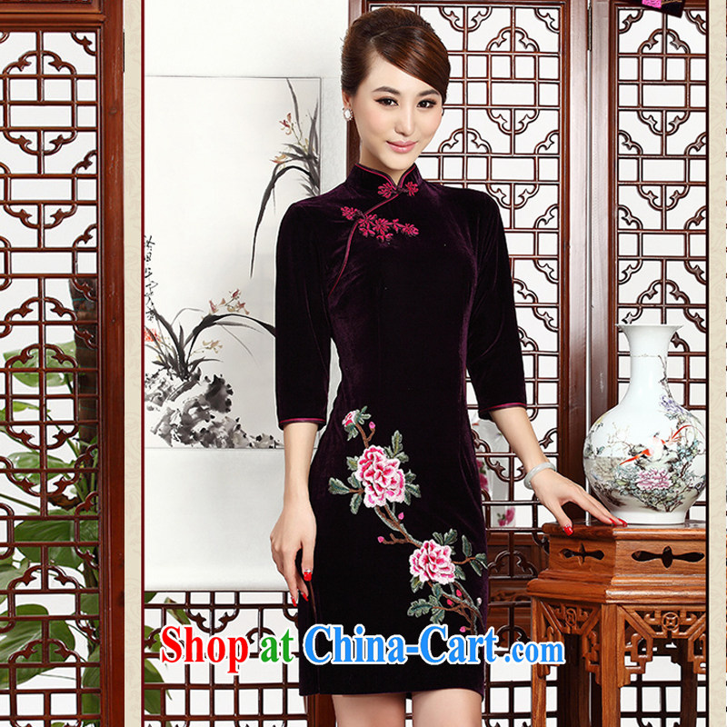 The class short embroidery cheongsam stylish retro MOM cheongsam dress, velvet dress wedding dress AQE 002 purple XXXL, the OSCE stream (OULIU), online shopping