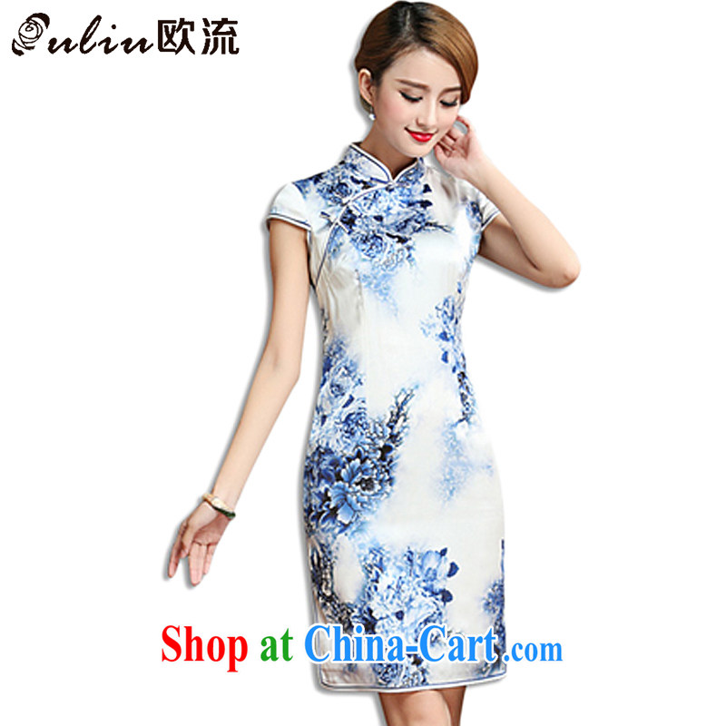 euro-class, high-end heavy Silk Cheongsam dress 2015 summer sauna silk old Shanghai cheongsam dress AQE 010 blue and white porcelain XXXL