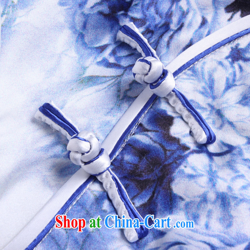 euro-class, high-end heavy Silk Cheongsam dress 2015 summer sauna silk old Shanghai qipao dresses AQE 010 blue and white porcelain XXXL, OSCE (OULIU), online shopping