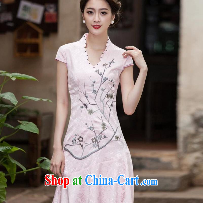 The flies love summer 2015 new short-sleeved V collar embroidered Phillips nails Pearl crowsfoot skirt with embroidery short cheongsam C C 518 1123 red XL, and flies, and shopping on the Internet