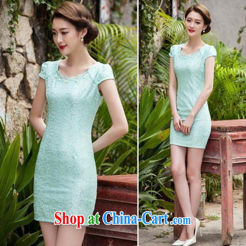 The flies love 2015 summer new dress lace cheongsam stylish beauty dress Openwork hook take C C 518 1106 Lake blue XL, and flies, and shopping on the Internet