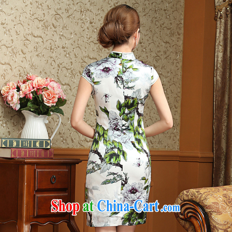 The stream, Ms. 2015 summer heavy Silk Cheongsam retro beauty short-sleeved sauna Silk Cheongsam dress AQE 013 green XXL, the stream (OULIU), online shopping
