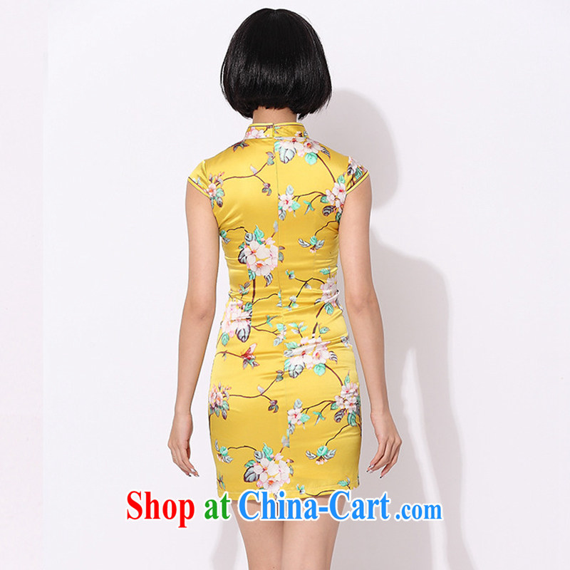 The class floral retro style Silk Cheongsam improved daily Chinese sauna silk dress AQE 015 yellow XXXL, the stream (OULIU), online shopping