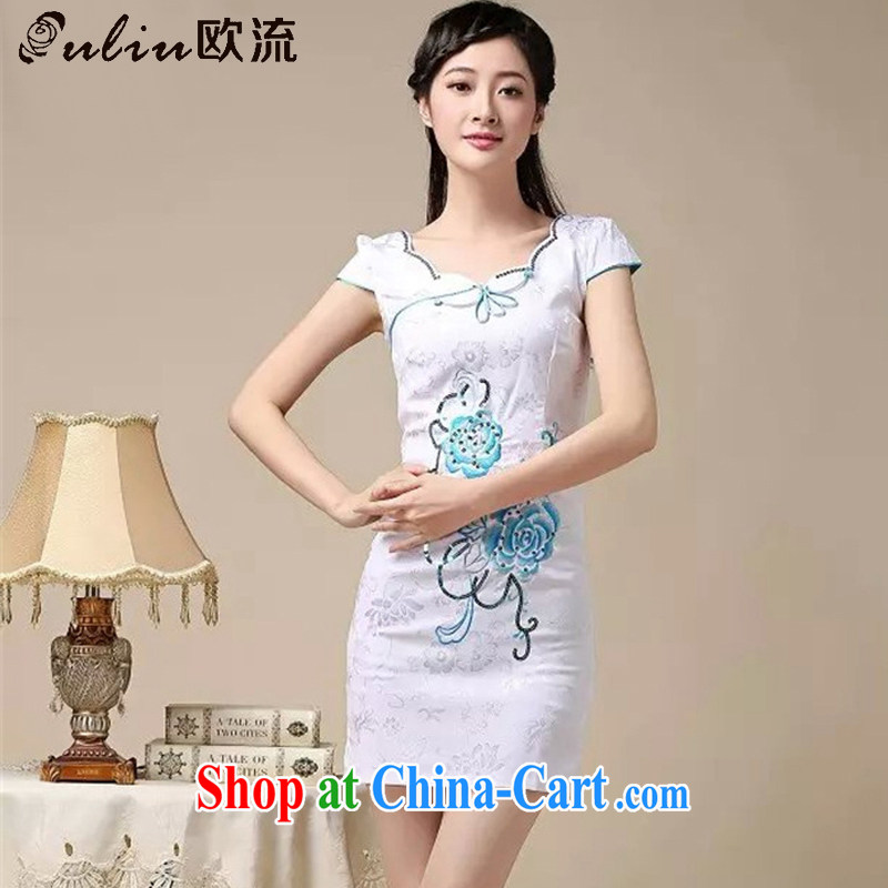 The stream summer cotton embroidered short cheongsam elegance lady fashion cheongsam dress AQE 0755 blue XXL