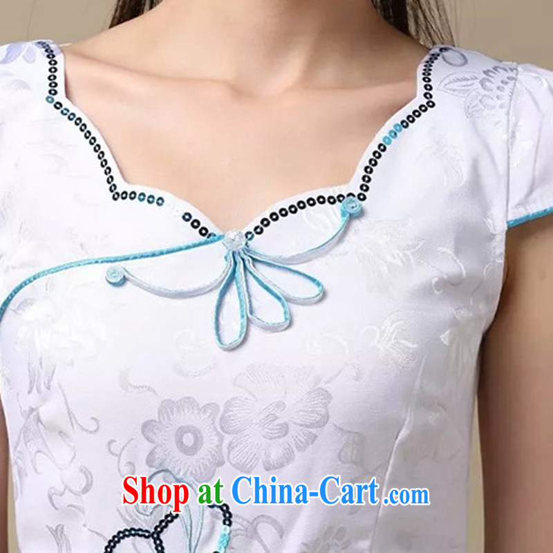 The stream summer cotton embroidered short cheongsam elegance lady fashion cheongsam dress AQE 0755 blue XXL, the stream (OULIU), online shopping