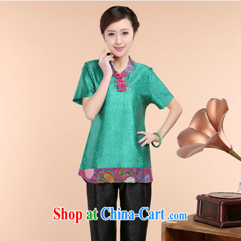 Optimize the Cayman yousiman middle-aged and older women with short T pension larger middle-aged mother with summer Ethnic Wind silk large code t-shirt with short sleeves 08 green L