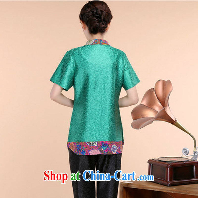 Optimize the Cayman yousiman middle-aged and older women with Tang mounted T shirt large, middle-aged mother with summer Ethnic Wind silk larger short-sleeved T-shirt 08 green L, optimize the Cayman (yousiman), online shopping