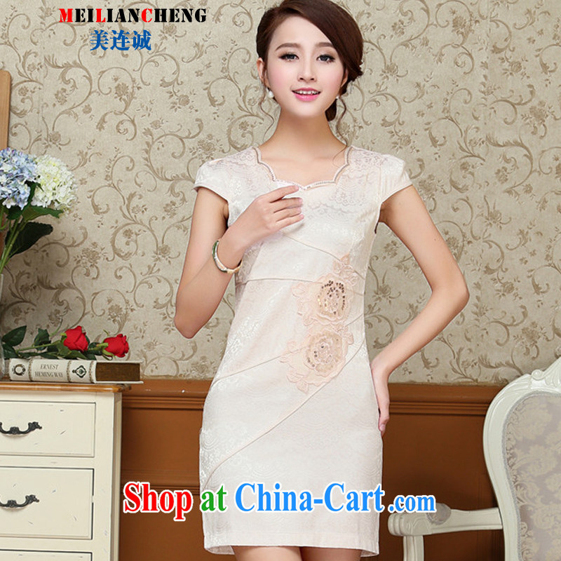 The double-2015 summer new, stylish and elegant improved cheongsam beauty graphics thin embroidered short sleeve retro style further dresses Cornhusk yellow XXL, the 1000 (BENQIAN), online shopping
