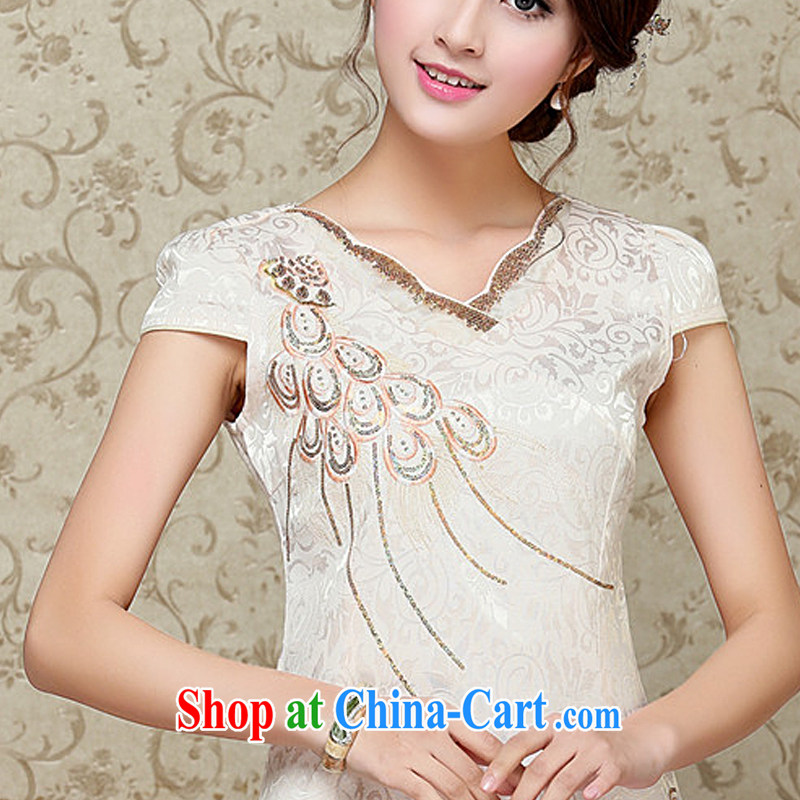 The first class embroidery Peacock jacquard cotton cheongsam Chinese Antique improved daily short-sleeved qipao dresses AQE 9038 apricot XXL, the stream (OULIU), and shopping on the Internet