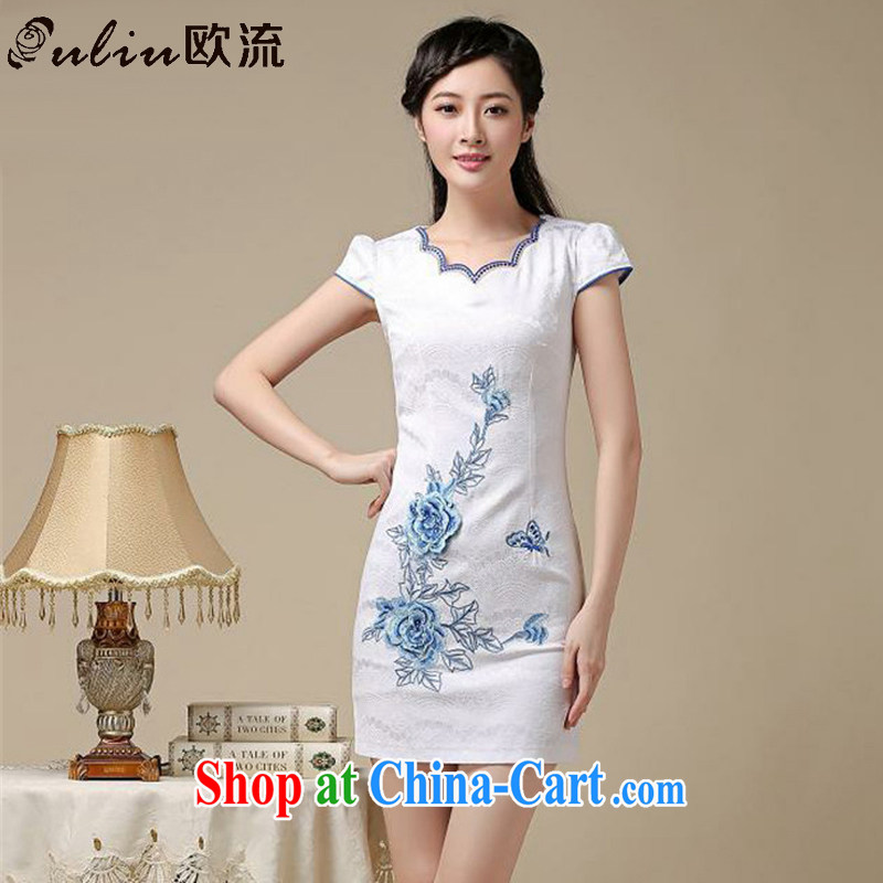 The class teenage students with classical show clothes dresses summer retro improved daily cheongsam dress AQE 8216 blue XXL