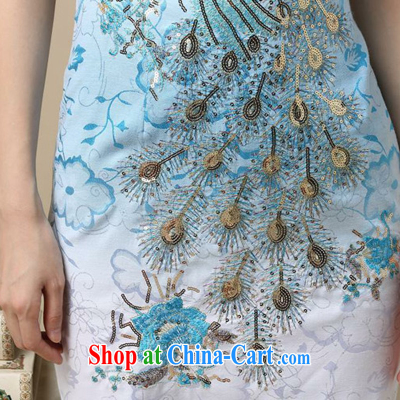 The current National wind retro Phoenix Peacock embroidery embroidery cheongsam dress improved daily short cheongsam dress even AQE 8218 blue XXL, the stream (OULIU), and, on-line shopping