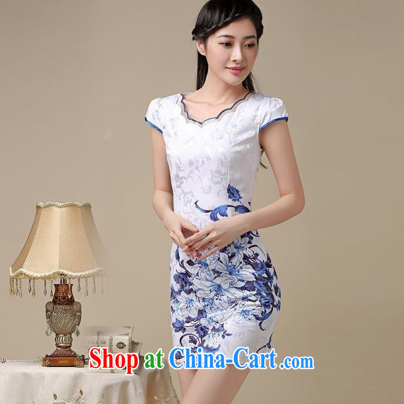 The round collar retro blue and stamp duty cheongsam dress stylish everyday minimalist dress sense of Cultivating Female AQE 8219 photo color XXL, the stream (OULIU), online shopping