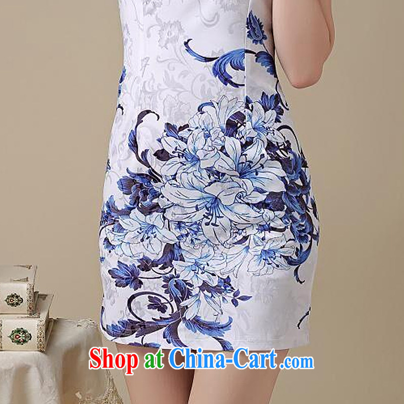 The round collar retro blue and stamp duty cheongsam dress stylish everyday minimalist dress sense of Cultivating Female AQE 8219 photo color XXL, the stream (OULIU), online shopping