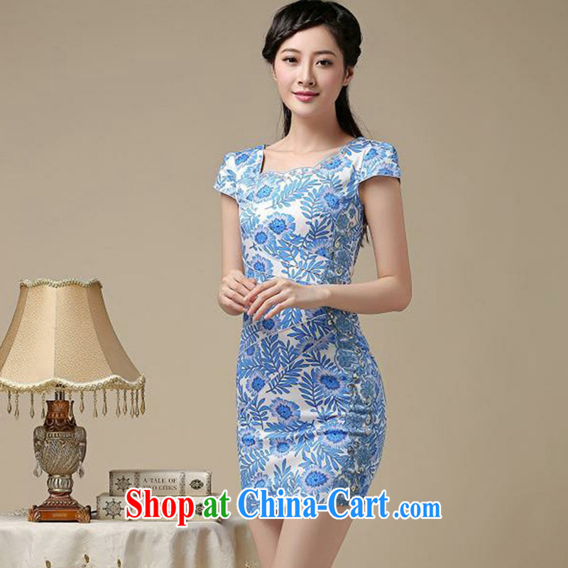 The trendy floral short cheongsam beauty graphics thin large code cheongsam dress retro improved daily Chinese female AQE 8215 blue XXL, OSCE (OULIU), online shopping
