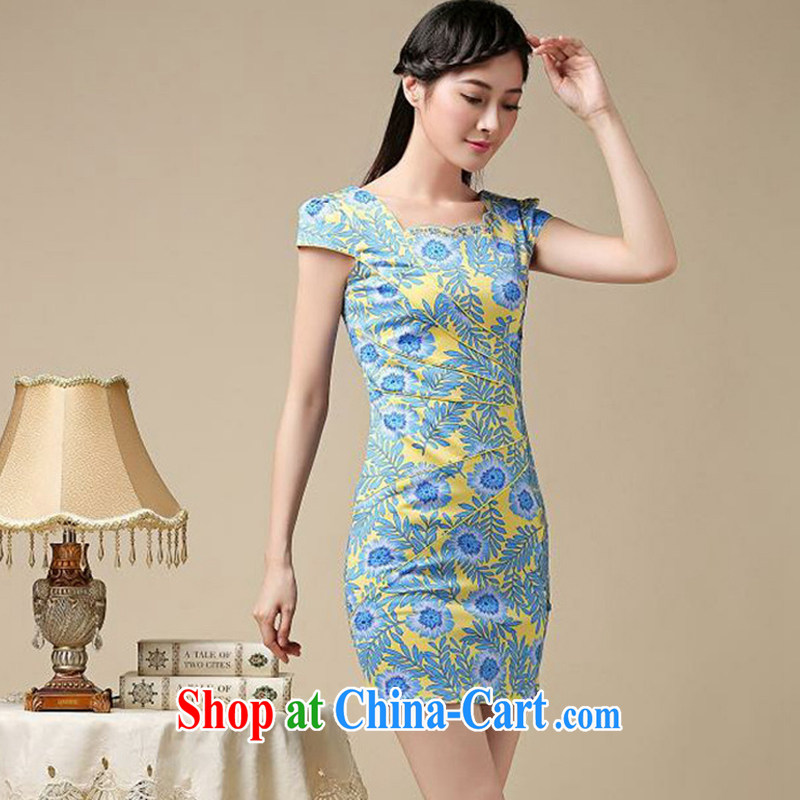 The trendy floral short cheongsam beauty graphics thin large code cheongsam dress retro improved daily Chinese female AQE 8215 blue XXL, OSCE (OULIU), online shopping