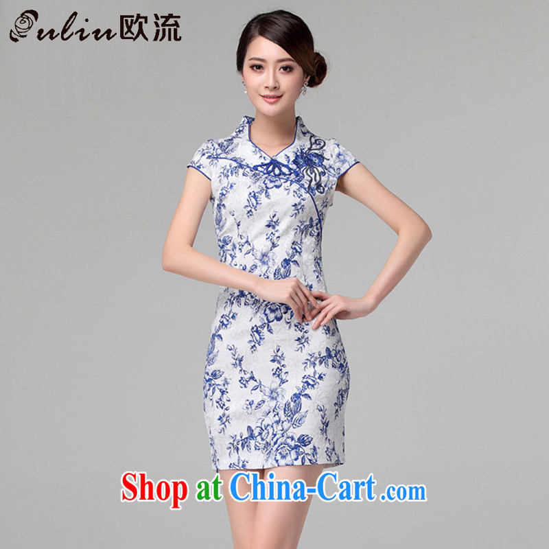 The stream antique porcelain was stamp duty cheongsam Chinese improved daily short Ki robe-summer female AQE 802 blue and white porcelain M