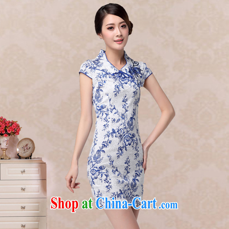 The current retro blue and white porcelain stamp cheongsam Chinese improved daily short robes, a summer girl AQE 802 blue and white porcelain M, the stream (OULIU), online shopping