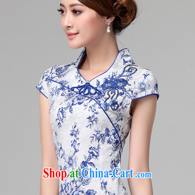 The current retro blue and white porcelain stamp cheongsam Chinese improved daily short robes, a summer girl AQE 802 blue and white porcelain M, the stream (OULIU), online shopping