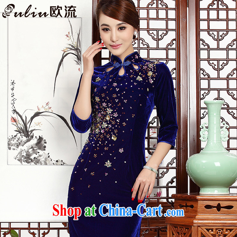 The class is really plush robes, long-sleeved short cheongsam beauty dress mother mother with wedding dress female AQE 231 blue XXXL