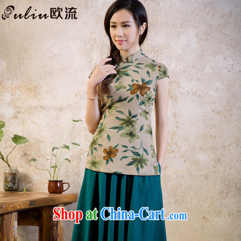 The First Class National wind girls cotton the stamp cheongsam shirt short-sleeved College wind load Chinese shirt AQE 2062 fancy S