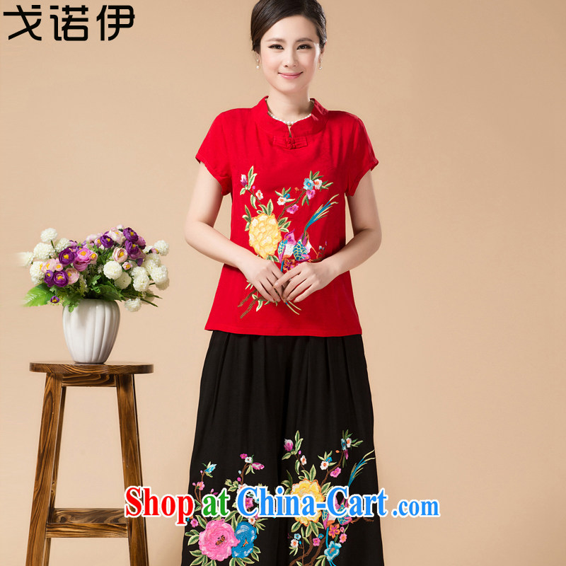 Al Gore, the 2015 Mother's Day middle-aged and older women with mother Summer Package middle-aged Ethnic Wind embroidery cotton the relaxed two-piece hand-painted Peony red 4 XL .