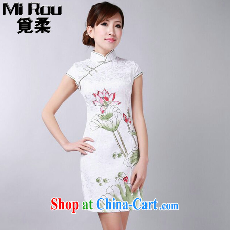 Find Sophie summer new, qipao Chinese improved, for hand-painted Lotus cotton Chinese qipao short skirts as the color 2 XL