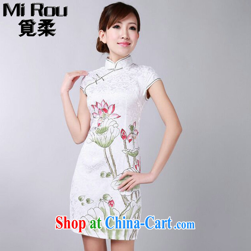 Find Sophie summer new, qipao Chinese improved, for hand-painted Lotus cotton Chinese qipao short skirts as the color 2 XL, flexible employment, shopping on the Internet